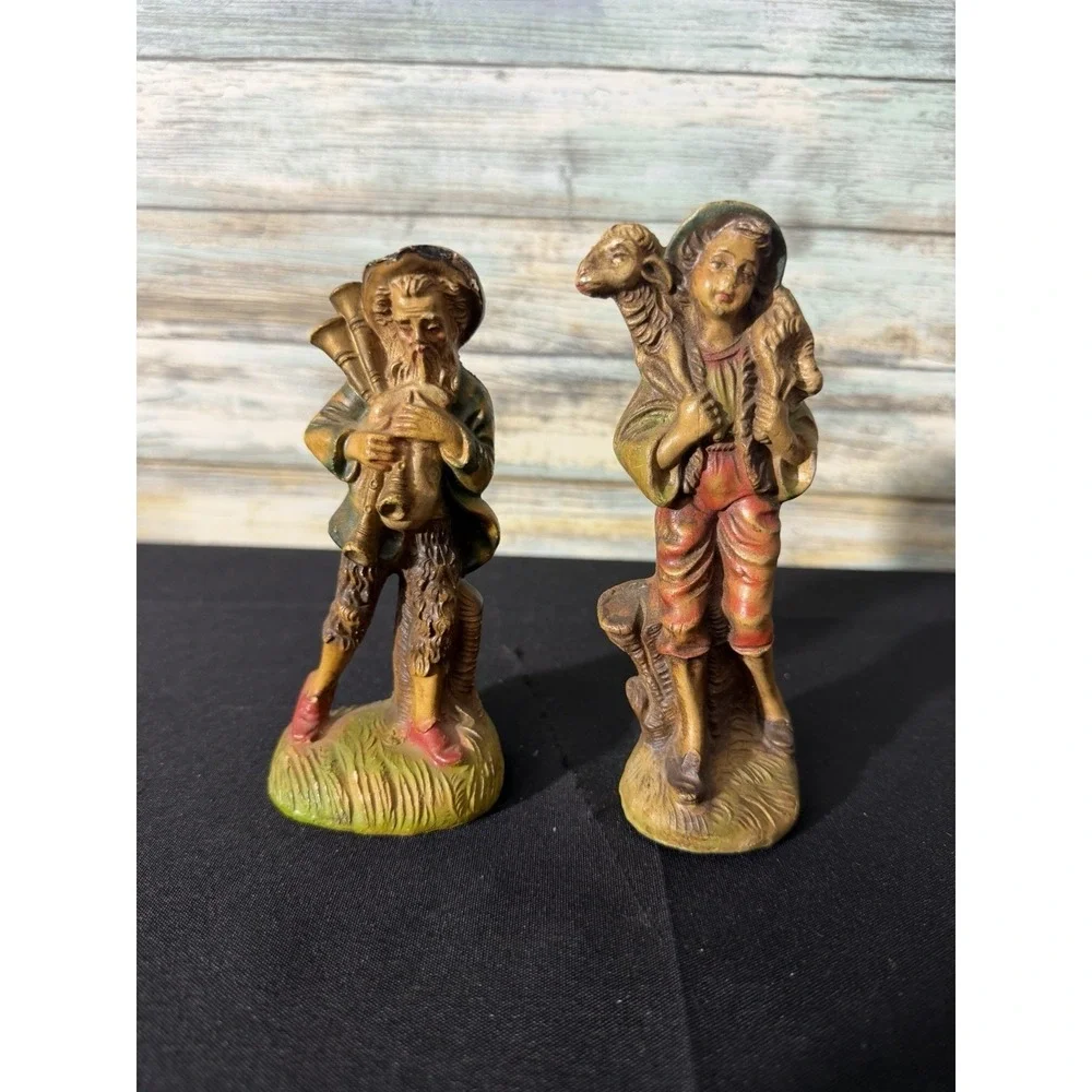 2 Vintage Italy Nativity Shepherd Boy Lamb - Josiah Bagpiper Set 5.5
